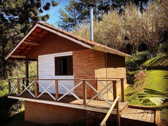 Cabanas de madeira com varandas sombreadas em um ambiente verdejante e exuberante.