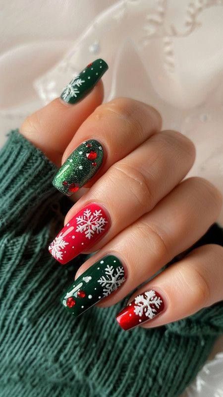 Hand with long, festive Christmas-themed nails in red and green with white snowflake patterns and small red accents.