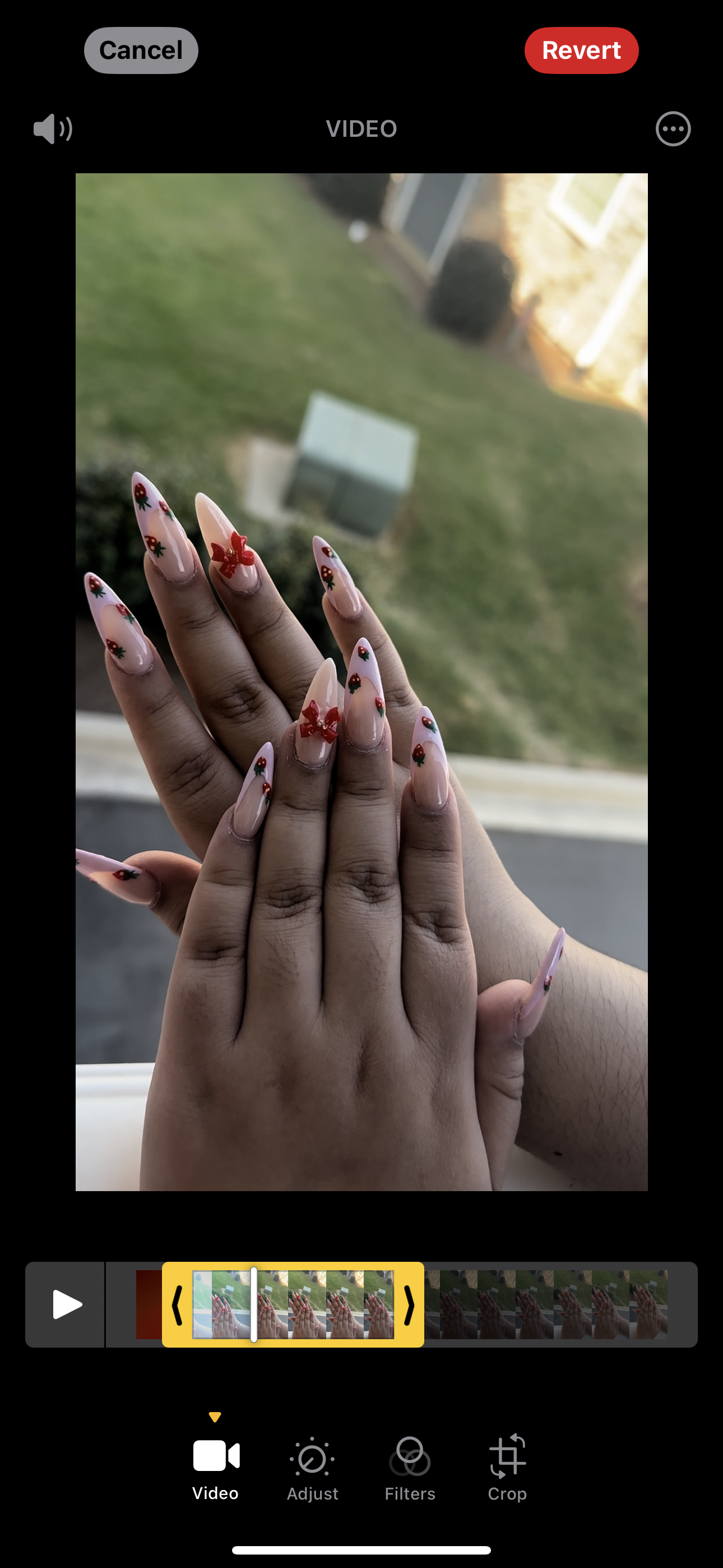 Hands with red nail polish held together in front of a blurred outdoor view.