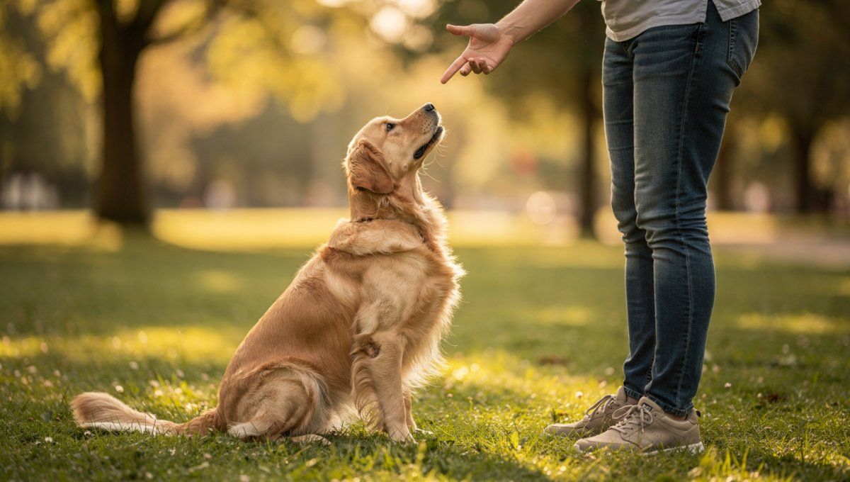 Golden retriever sitting on grass, looking up at a person’s hand in a sunlit park.