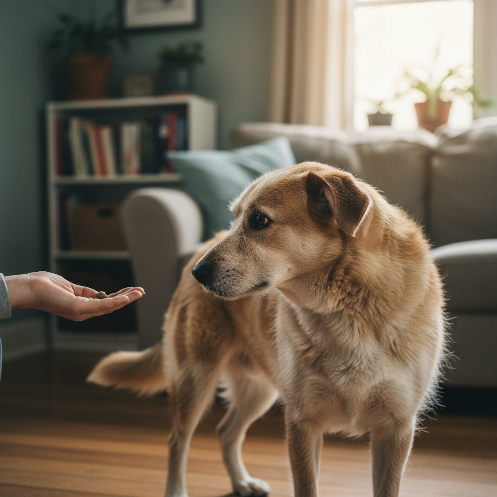 Dog peeking out from under a fringed blanket on a wooden floor