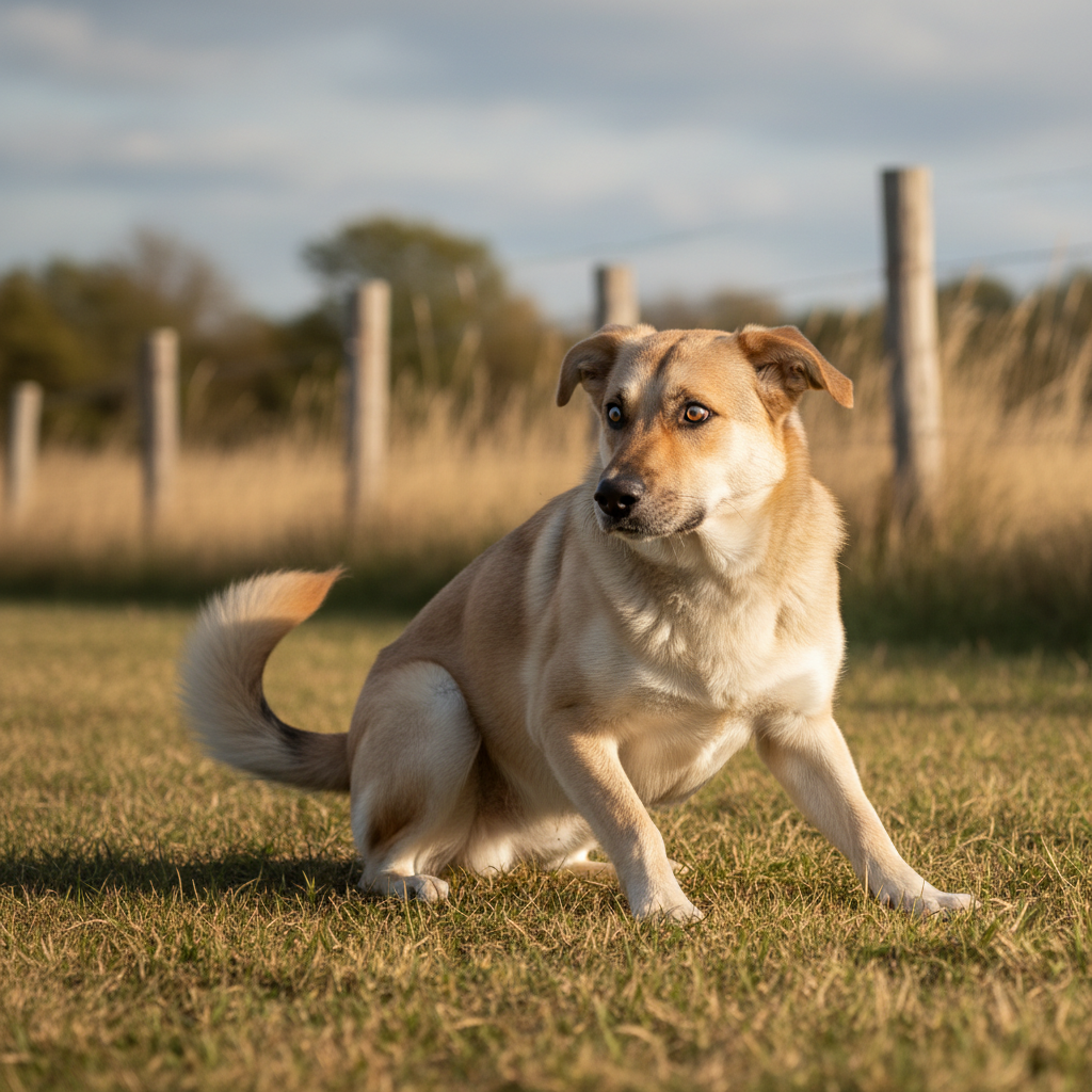 Close-up of a brown dog in soft light, wearing a red collar and looking downward