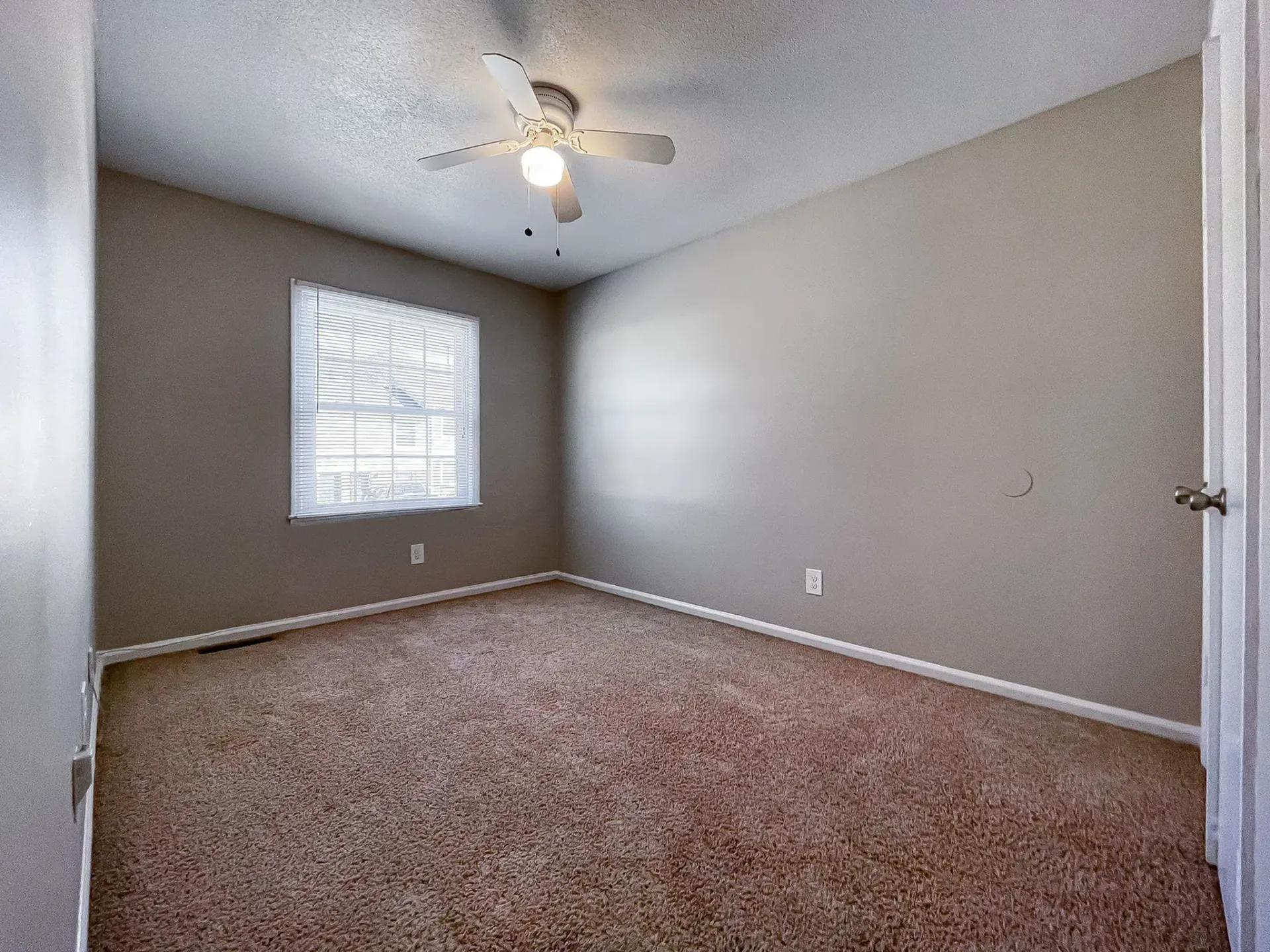 Empty beige bedroom with carpet, window blinds, ceiling fan, and gray walls
