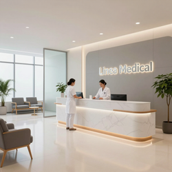 Modern medical clinic reception with two staff at a white marble desk and soft beige seating