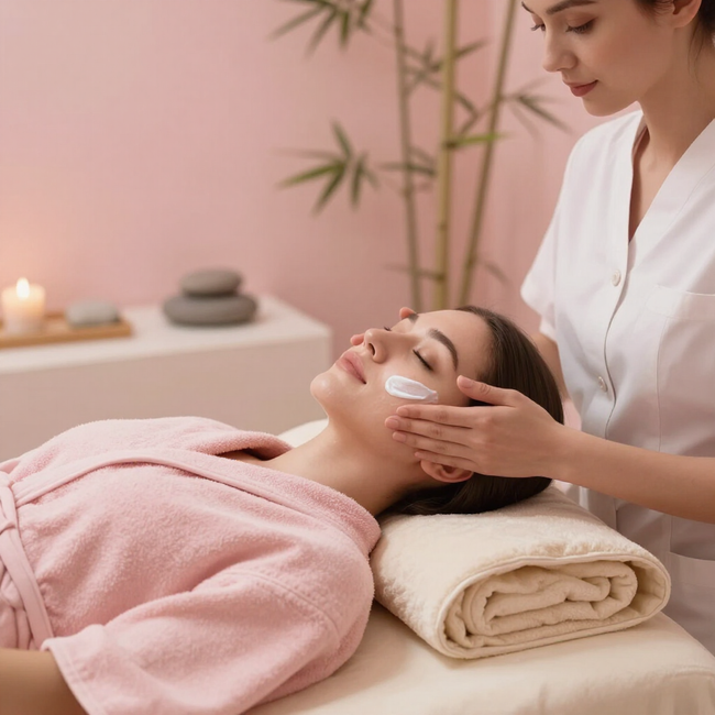 Spa therapist applying cream to a client’s face during a facial treatment in a pink treatment room