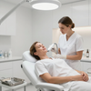 Dental hygienist examining a patient in a bright clinic treatment room