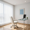 Bright minimalist home office with white chair, glass desk, computer, and framed wall art by large window.