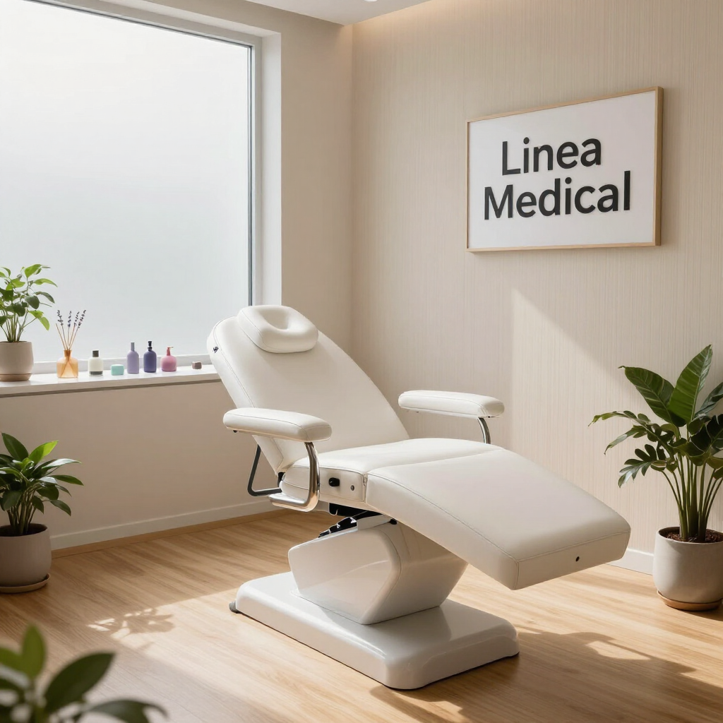 Bright, modern medical exam room with a white treatment chair, plants, and a “Linea Medical” wall sign.
