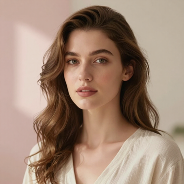 Portrait of a woman with wavy brown hair in a cream blouse against a soft beige background