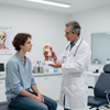 Doctor explaining anatomy model to patient in a bright clinic exam room