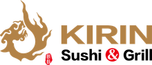 Kirin Sushi & Grill logo with gold flame-dragon icon and black-and-gold text on white background