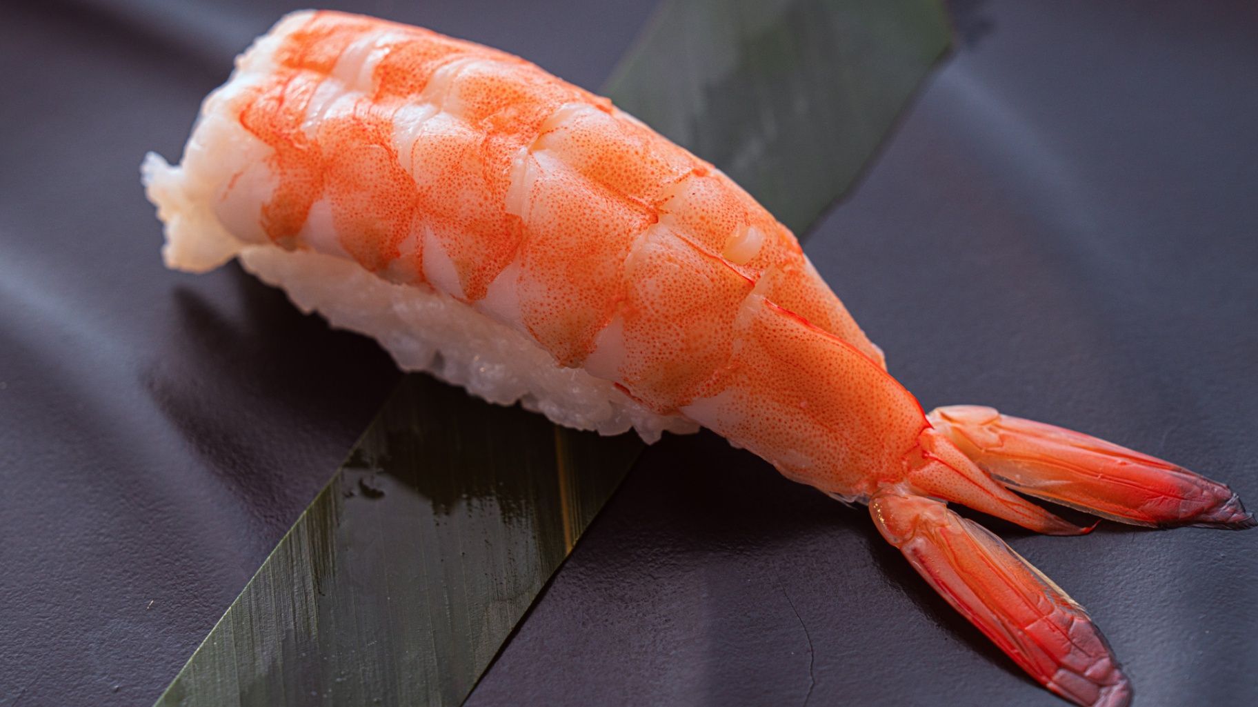 Sushi nigiri with orange shrimp on a dark plate