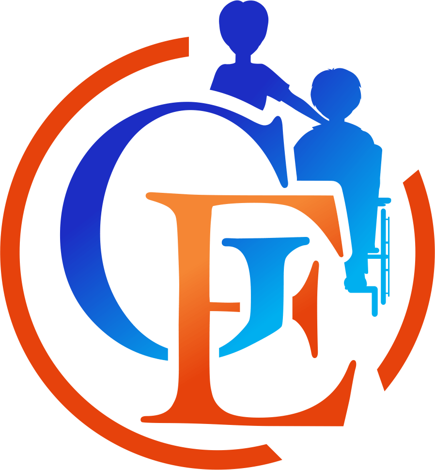 Blue and orange logo with "CF" over a person in a wheelchair and another assisting them.