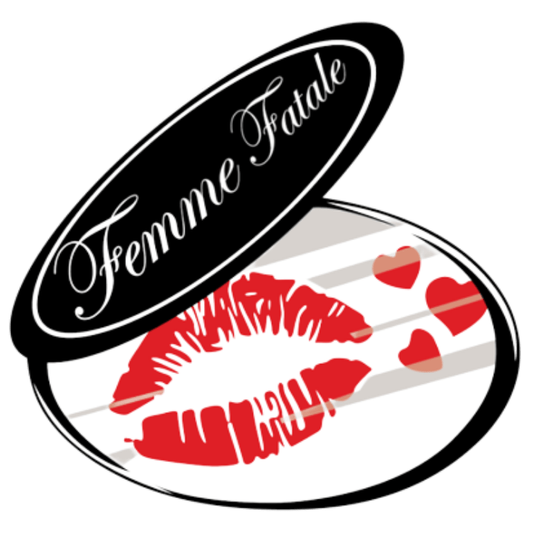 A femme fatale logo with a kiss on it