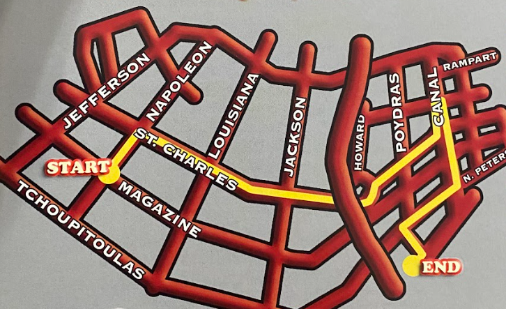 A map of louisiana shows the start and end points