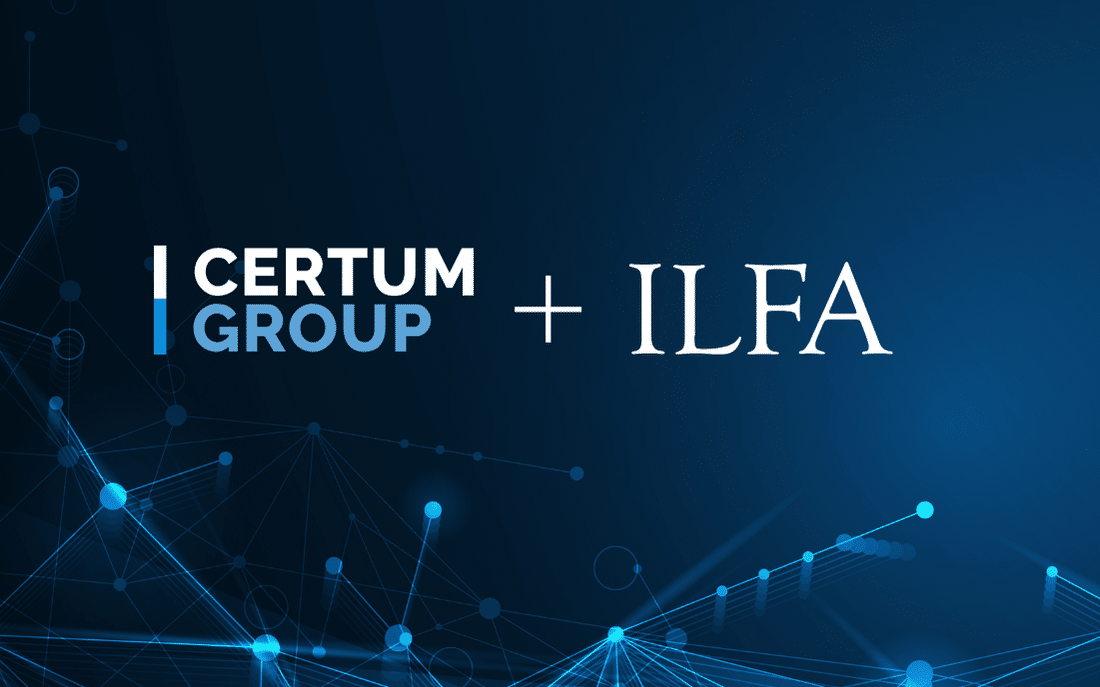 I Certum Group + ILFA logo against a blue digital background with connecting lines.