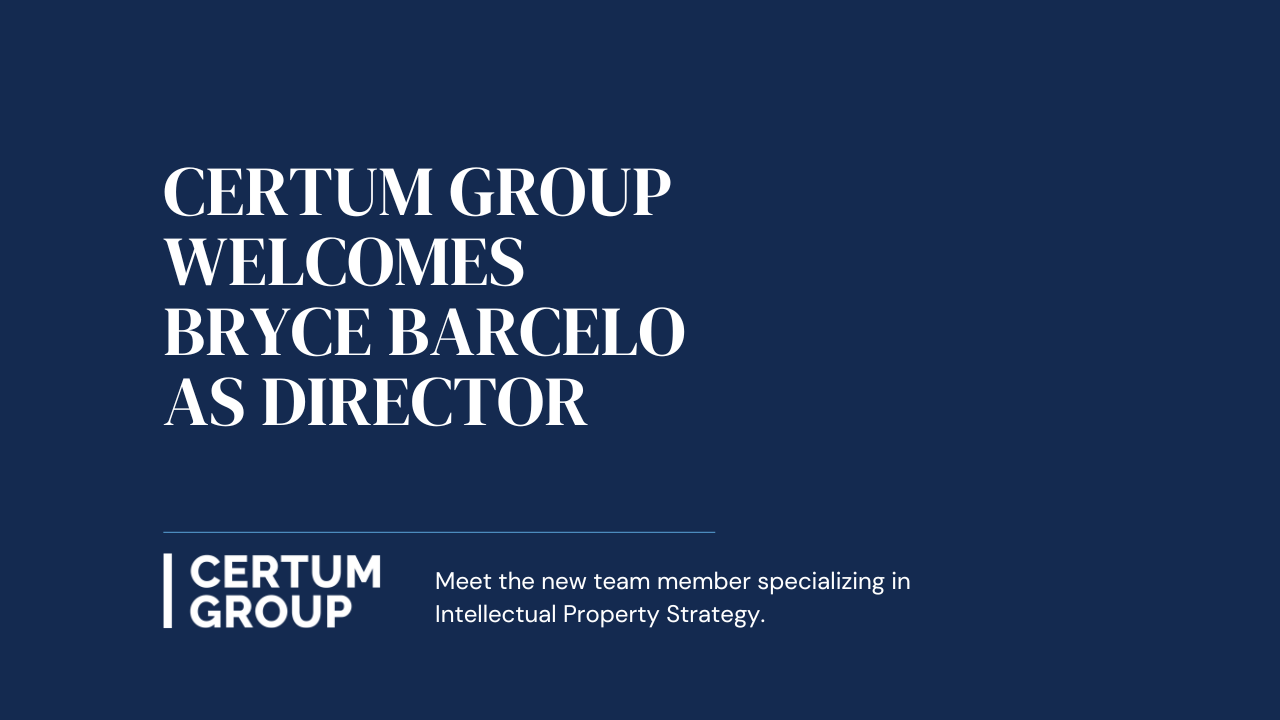 Certum Group announcement welcoming Bryce Barcelo as Director on blue background.