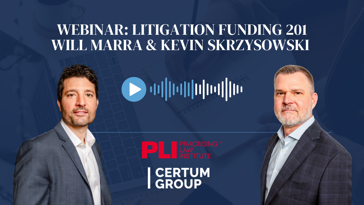 Webinar advertisement: two men, Will Marra and Kevin Skrzysowski, for litigation funding.