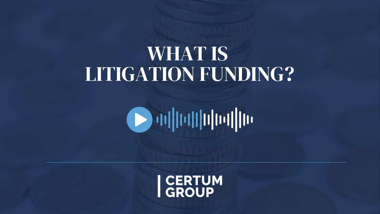 Graphic on litigation funding, with a play button over sound waves, stacked coins in background.