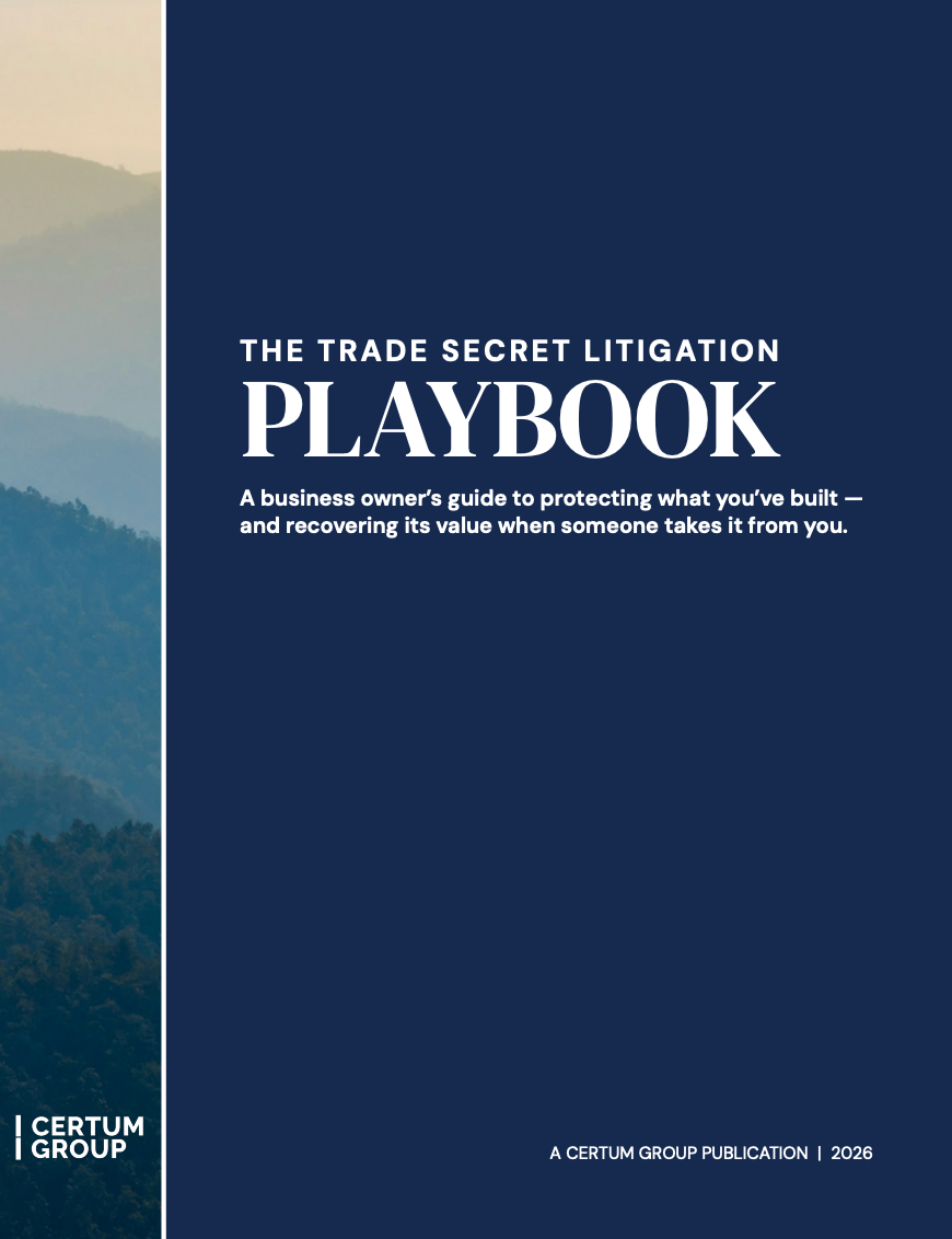 Blue cover titled “The Trade Secret Litigation Playbook” with a mountain landscape on the left.