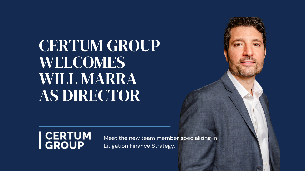 Certum Group welcomes Will Marra as Director. A man in a suit smiles against a blue background.