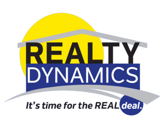 A logo for realty dynamics that says it 's time for the real deal