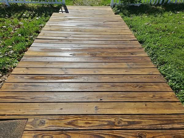 Wooden boardwalk path through green grass, wet with sunlight reflections