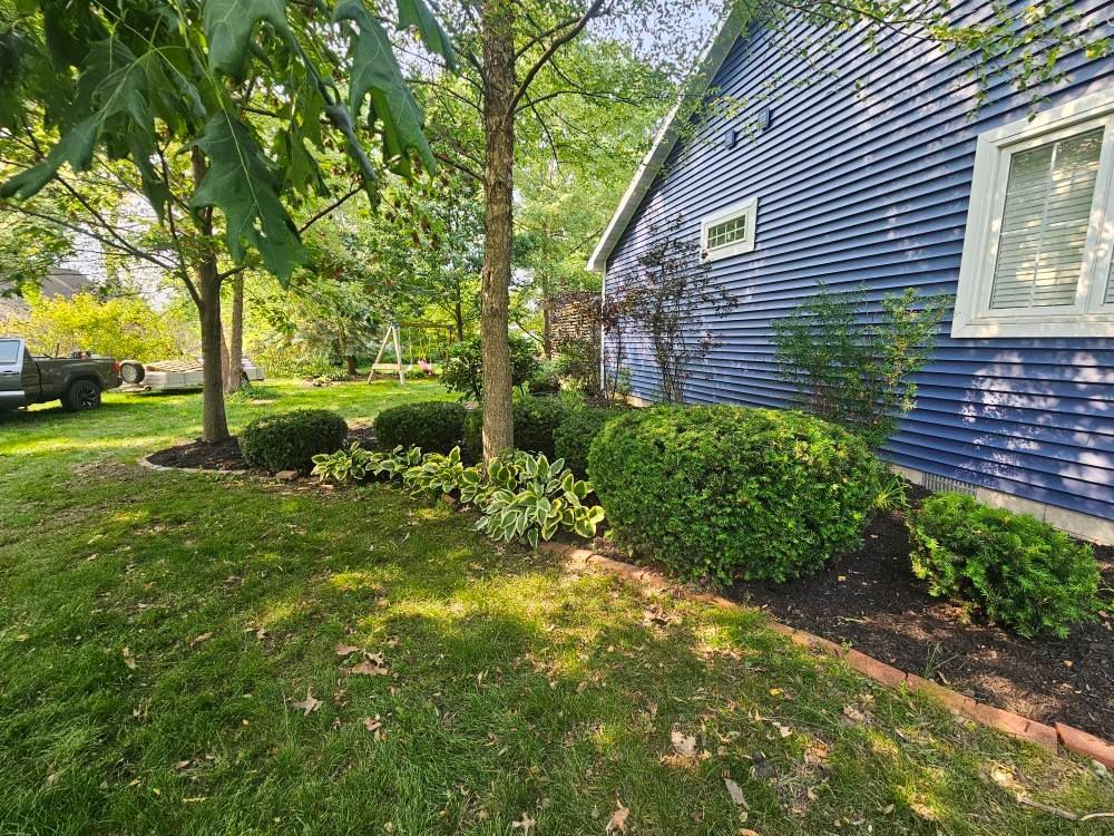 Blue house with white trim beside a leafy front yard and garden beds under trees