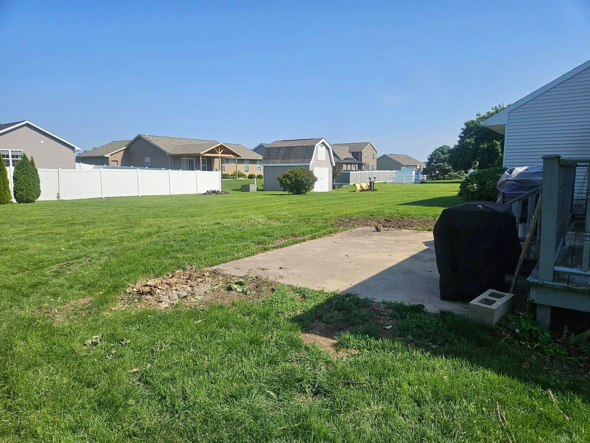 Grassy backyard with a concrete path, white fence, and suburban houses under a clear blue sky