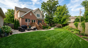 Brick house with a lush green backyard, patio seating, and garden beds under a blue sky