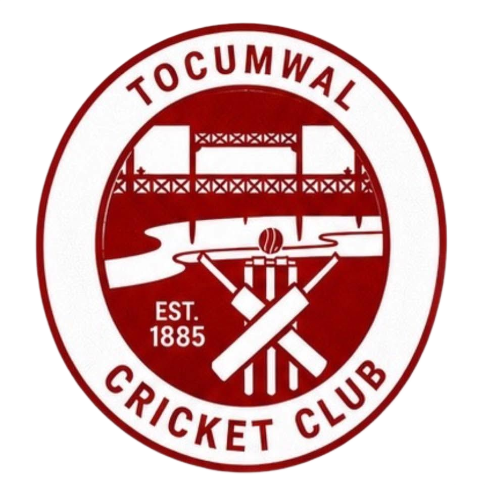 Tocumwal Cricket Club red-and-white logo with bridge, cricket bat and stumps, established 1885