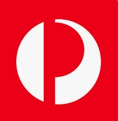 White stylized “P” logo on a red background