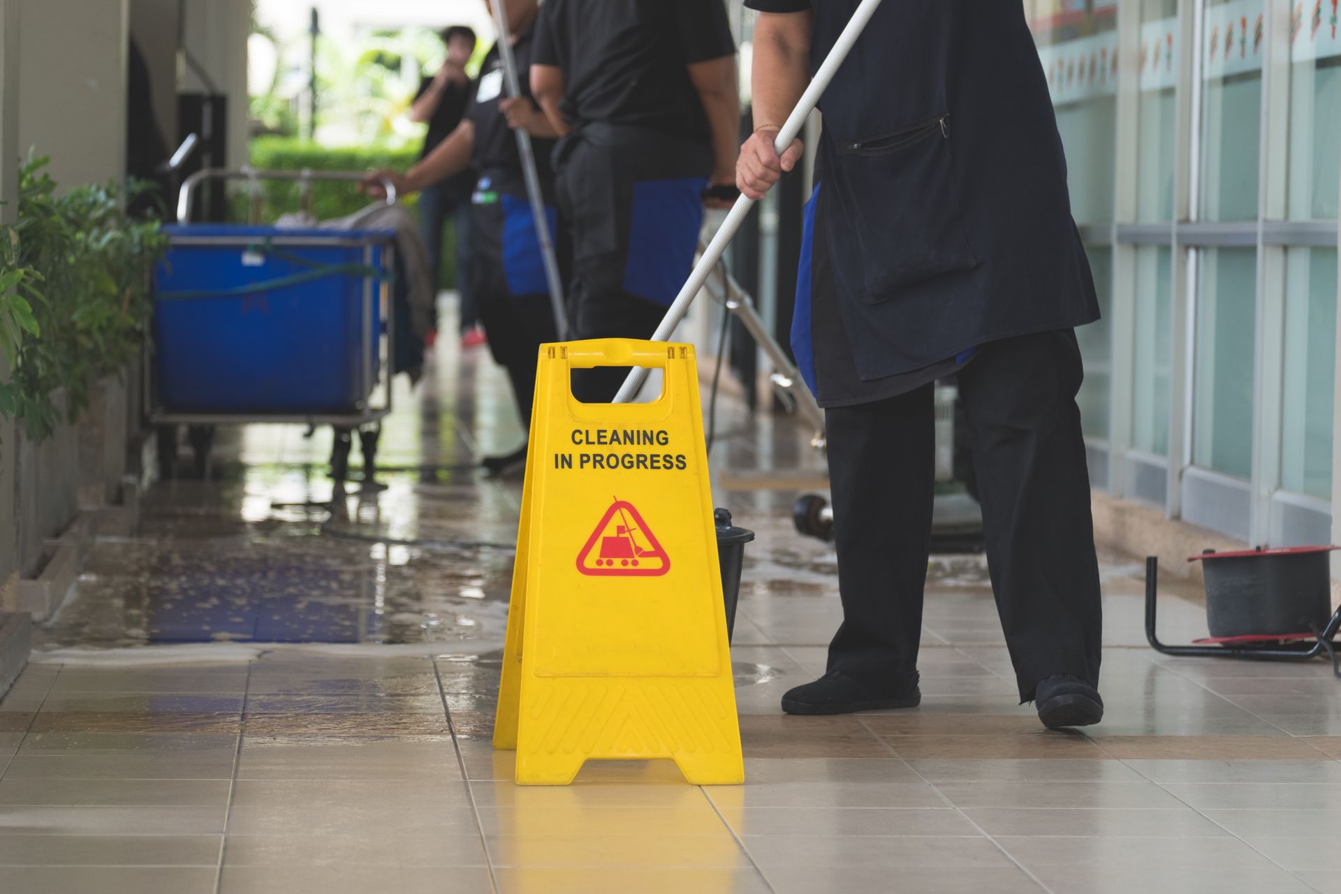 Yellow wet floor sign on a wet indoor walkway, with a cleaner mopping nearby