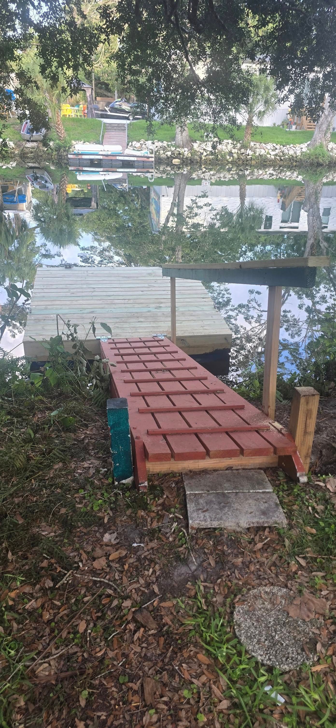 A wooden dock is sitting next to a body of water.