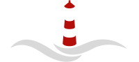 Phare à rayures rouges et blanches avec des vagues grises.