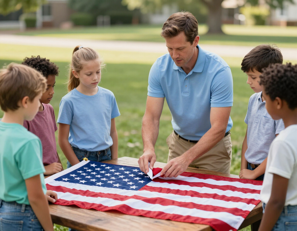Educator demonstrating flag folding to children at an outdoor ceremony