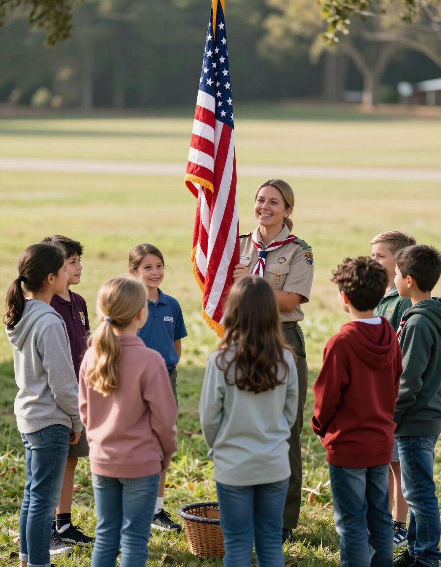 Teacher and children at flag ceremony