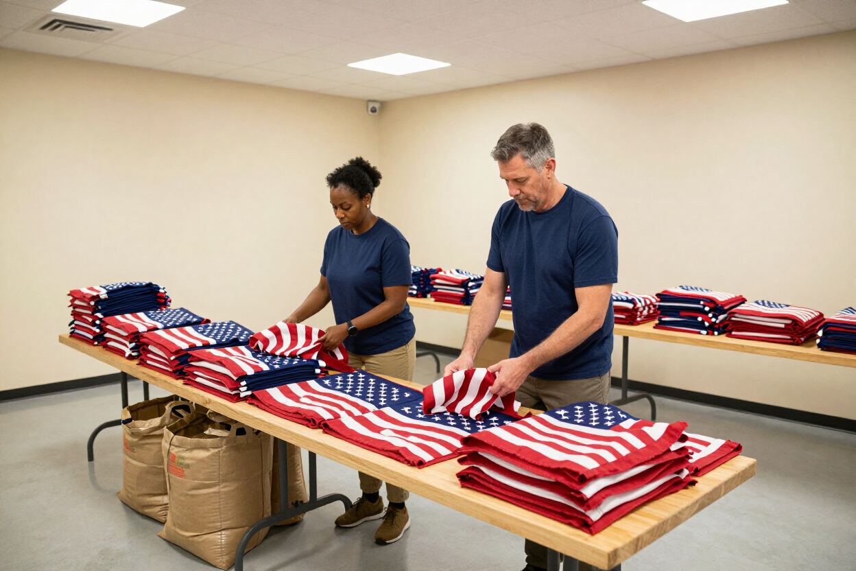 Volunteer sorting flags at a drop-off location