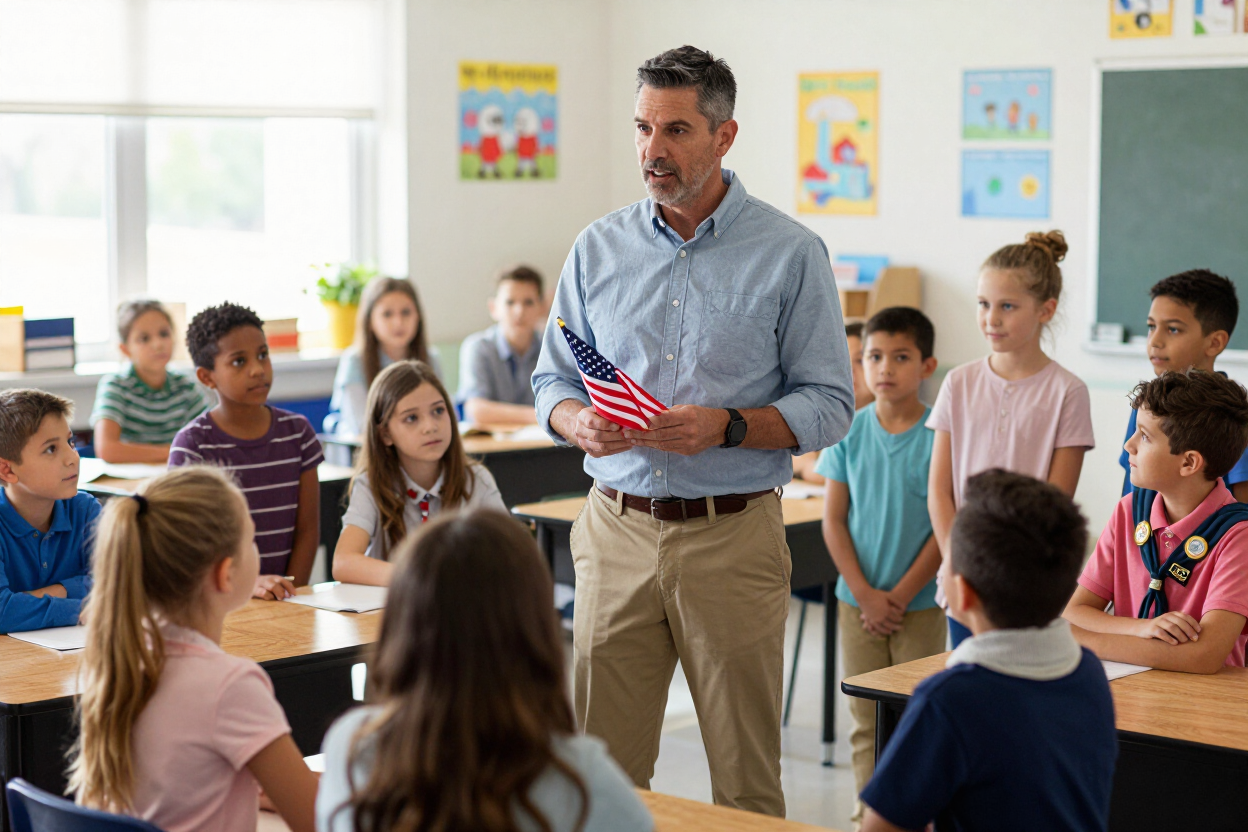 Volunteer speaking to a Scout troop about flag etiquette