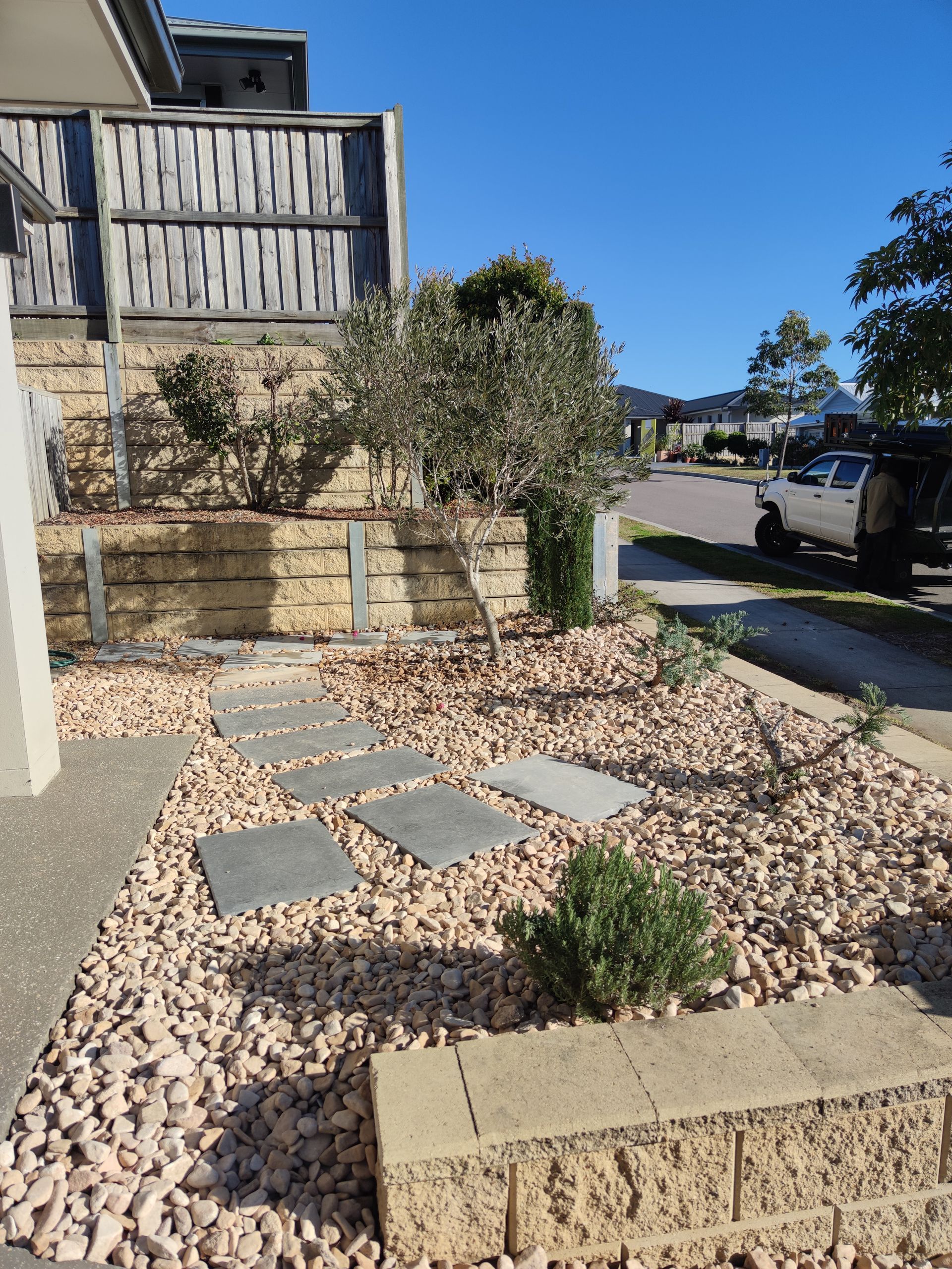 Low-maintenance front yard with river pebble mulch, bluestone stepping pavers and drought-tolerant planting.