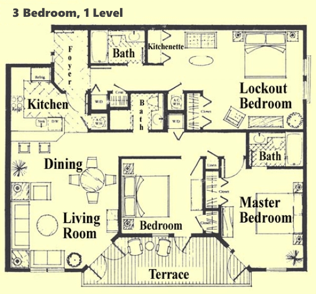 A black and white floor plan of a 3 bedroom apartment