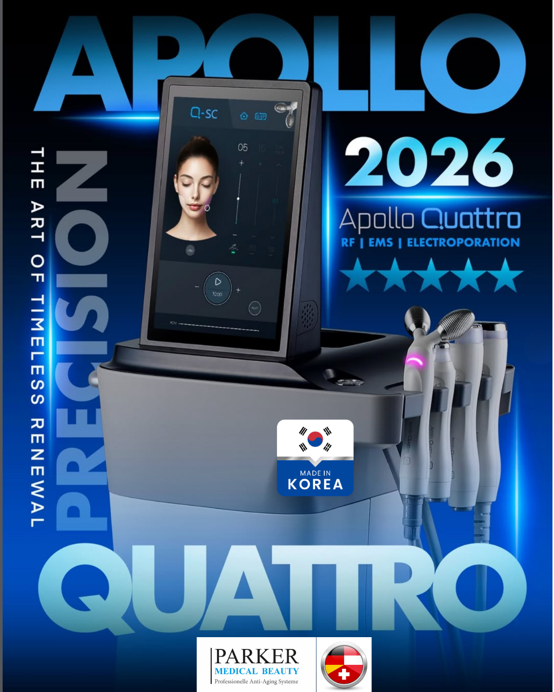 Blaues Poster für Apollo Quattro mit einem Gesichtserkennungsgerät, dem Text „2026“ und dem Logo Koreas.