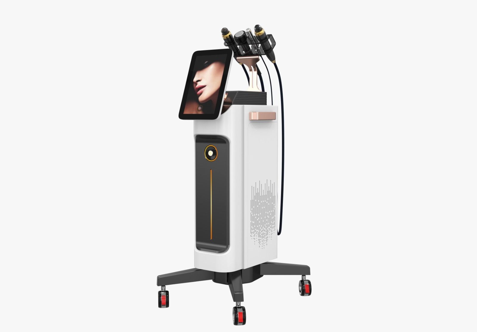 Eine weiß-schwarze Maschine mit einem Tablet darauf.