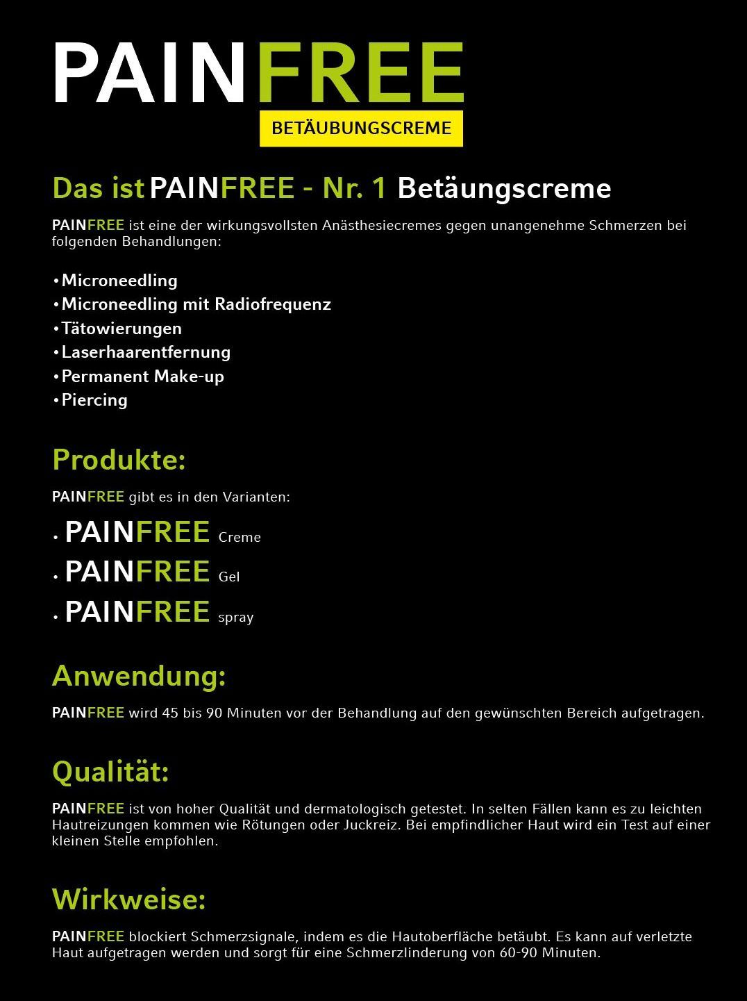 Werbung für die schwarze, schmerzfreie Creme Painfree mit hellgrünem Text und stichpunktartigen Produktinformationen