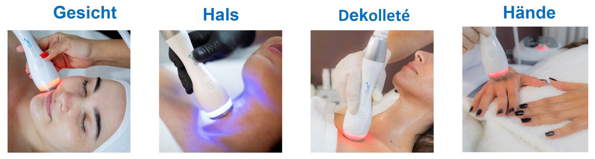 Vier Tafeln zeigen Behandlungen der Gesichts-, Hals-, Dekolleté- und Handhaut mit einem Gerät und Gel.