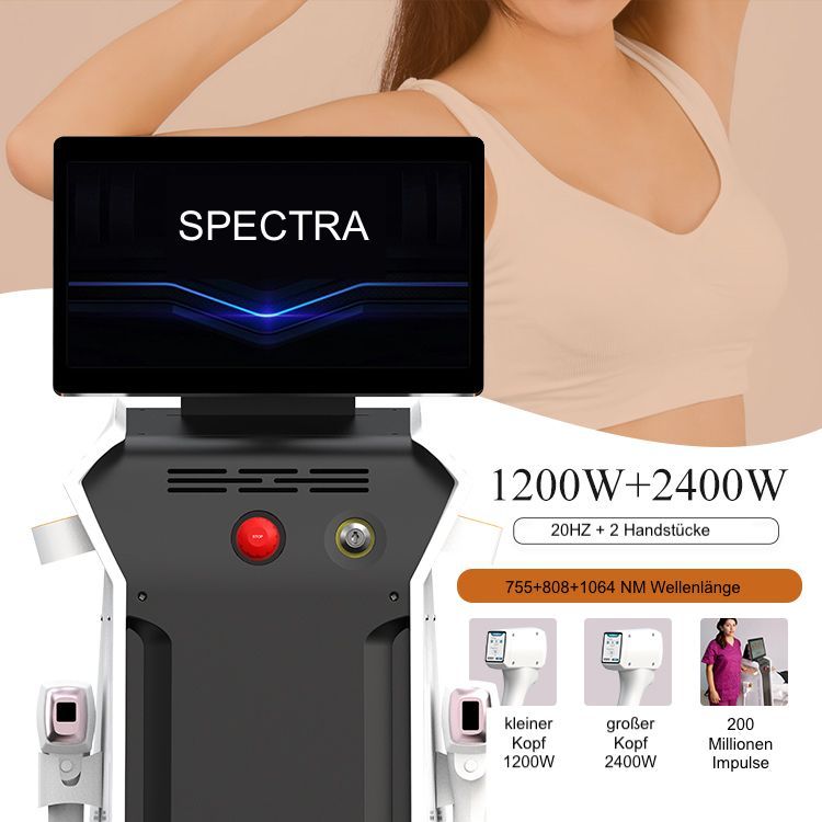 Werbung für das SPECTRA-Haarentfernungsgerät mit Touchscreen, dem Text „1200W+2400W“ und Symbolen für Zubehör.