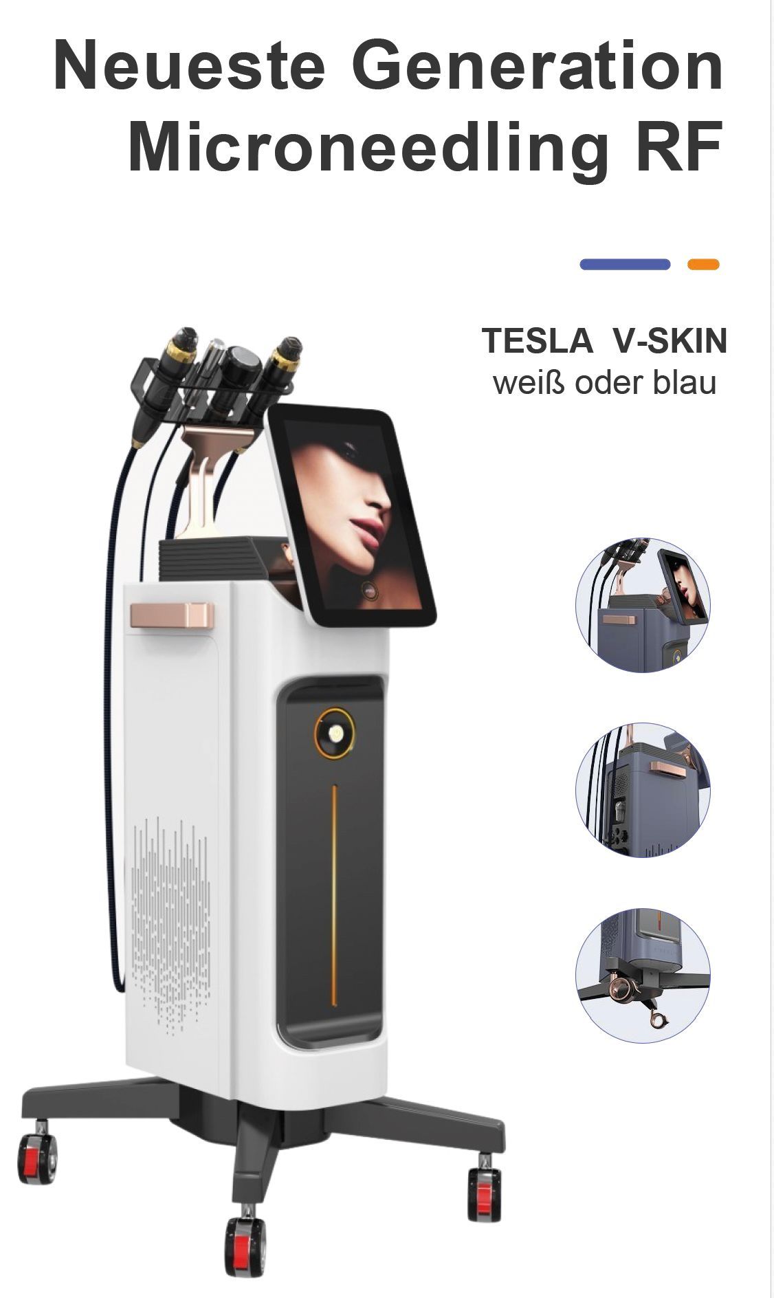 Weißes Tesla V-SKIN Mikroneedling-RF-Schönheitsgerät auf Rädern mit Display, das ein Gesicht und Behandlungsköpfe anzeigt.