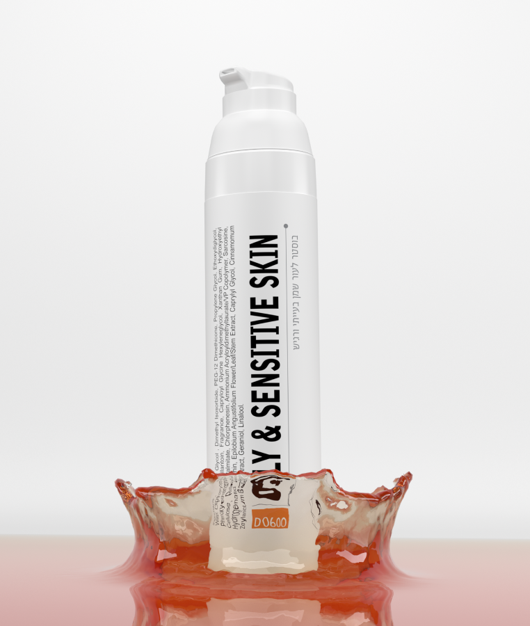 Weiße Hautpflegeflasche mit der Aufschrift „Sensitive Skin“ und einem bernsteinfarbenen Flüssigkeitsspritzer am Boden.