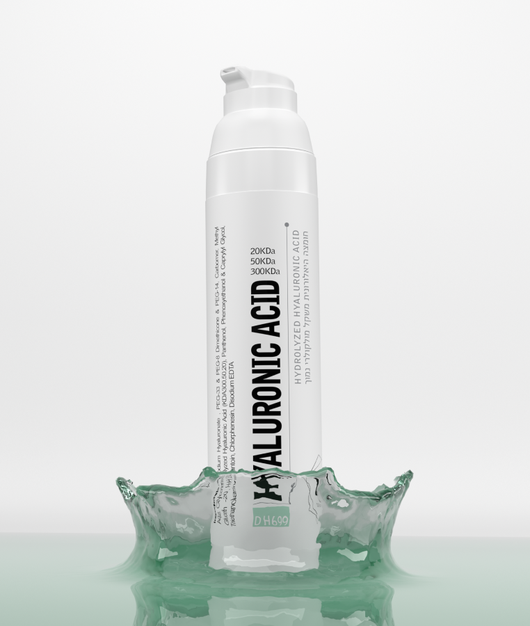 Weiße Hyaluronsäure-Hautpflegeflasche mit grünem Gel-Spritzer auf hellem Hintergrund