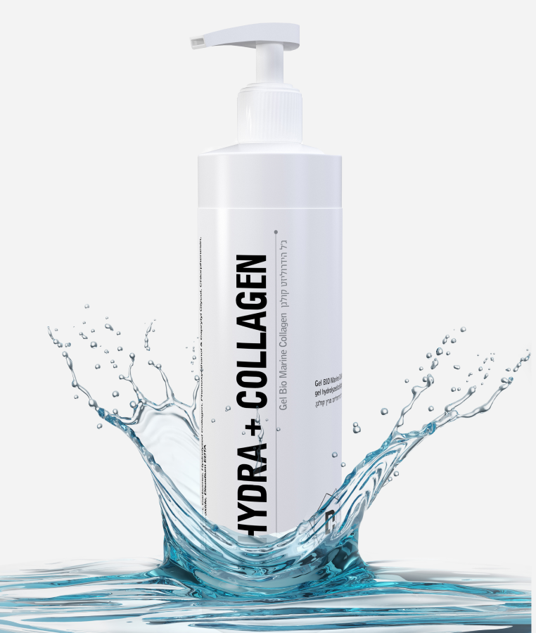 Weiße Flasche HYDRA+ COLLAGEN Pumplotion spritzt in Wasser vor weißem Hintergrund